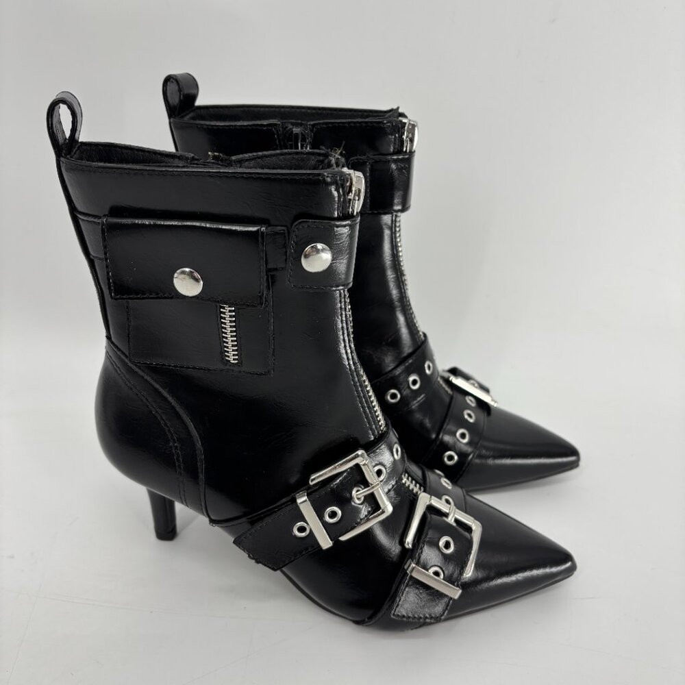 Wild Pair Women's Moonbeam Leather Buckle Heel Booties Black Crinkle Size 6M NWB - Picture 5 of 9